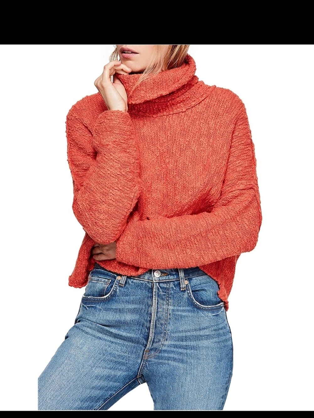 Free People Chunky Red & White Twill Cowl Neck Sweater